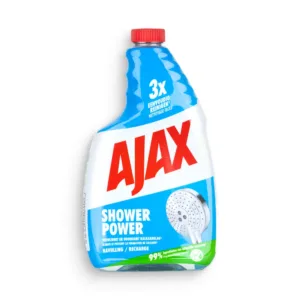 Ajax Shower Power препарат против котлен камък пълнител 750 мл – мощен препарат за баня, който премахва котлен камък, сапунени налепи и водни петна, като осигурява дълготрайна чистота и блясък.