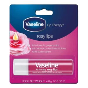 Vaseline Роза балсам за устни 4,8 гр – хидратиращ балсам с Vaseline Jelly, масло от роза, масло от сладък бадем и витамин Е за меки, гладки устни с естествен розов блясък.