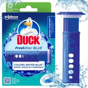 Duck Fresh Discs Blue Water дискове за WC 36 мл – гел дискове за тоалетна, които почистват при всяко пускане на водата, оцветяват водата в синьо, предпазват от котлен камък и осигуряват свежест до 50 дни.