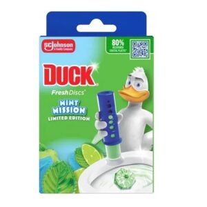 Duck Fresh Discs Mint Mission дискове за WC 36 мл – гел дискове за тоалетна с аромат на мента и лайм, които почистват при всяко пускане на водата, предпазват от котлен камък и осигуряват свежест до 50 дни.