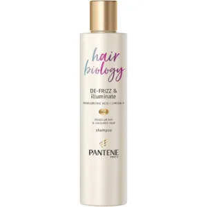Pantene Hair Biology De-Frizz & Illuminate шампоан за коса 250 мл – шампоан за суха, къдрава и боядисана коса с хиалуронова киселина, Omega 9 и Pro-V комплекс за гладка и блестяща коса.