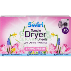 Swirl Spring Fresh ароматизиращи кърпи за сушилня 35 бр. – кърпички за сушилня, които омекотяват тъканите, намаляват статичното електричество, улесняват гладенето и оставят дълготраен аромат на свежа пролет.